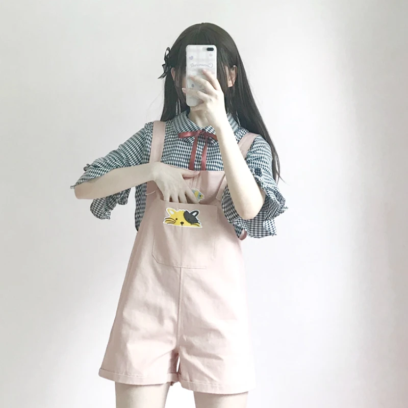

Harajuku Fashion Cute Cat Fish Embroidery Girls Playsuits Casual Loose Chic Pocket Student Playsuits Chic Ruffled Lace-up Shirts
