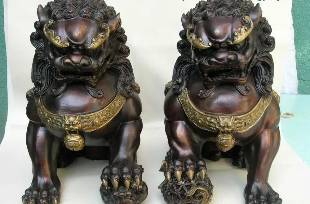 

China Royal red bronze Copper Feng Shui Evil Bei JIng Door Fu Foo Dog lion Pair