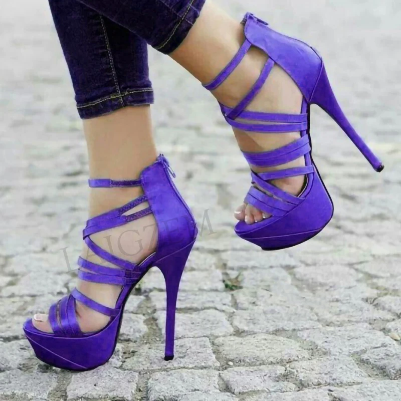 

LAIGZEM Back Zip Women Heels Strappy Stilettos Platform Sandals Party Pumps Sexy Satin Shoes Sapato Feminino Large Size 34-52