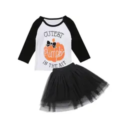 Хэллоуин 2 шт. для новорожденных для маленьких девочек Punmkin футболка с длинными рукавами кружевные топы платье-пачка из тюля Повседневное