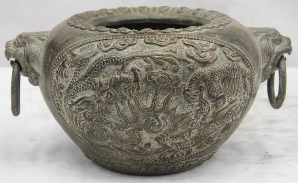 

Old Chinese Palace Bronze Copper 2 Dragon Play Bead Lion ear Head Pot Jar Crock