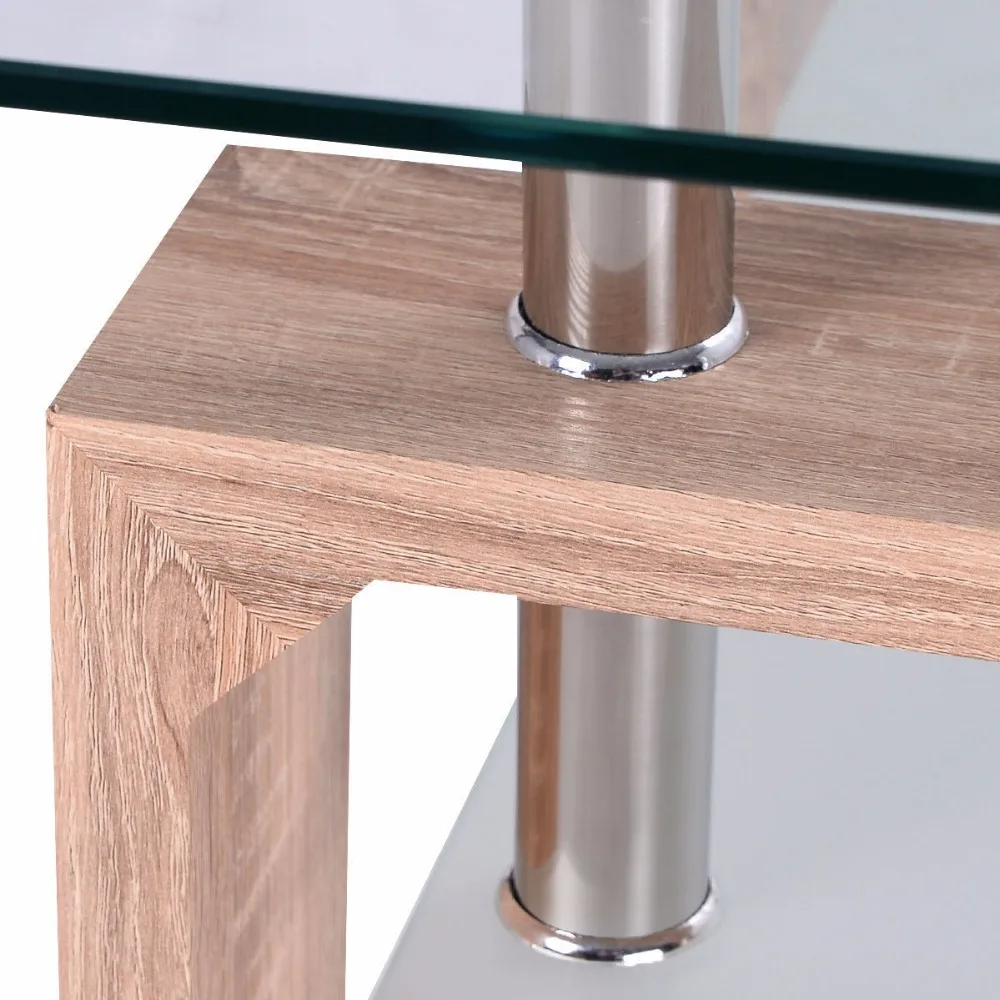  Goplus Rectangular Glass Coffee Table with Storage Shelf Modern Wood Legs Side Coffee Table Living 