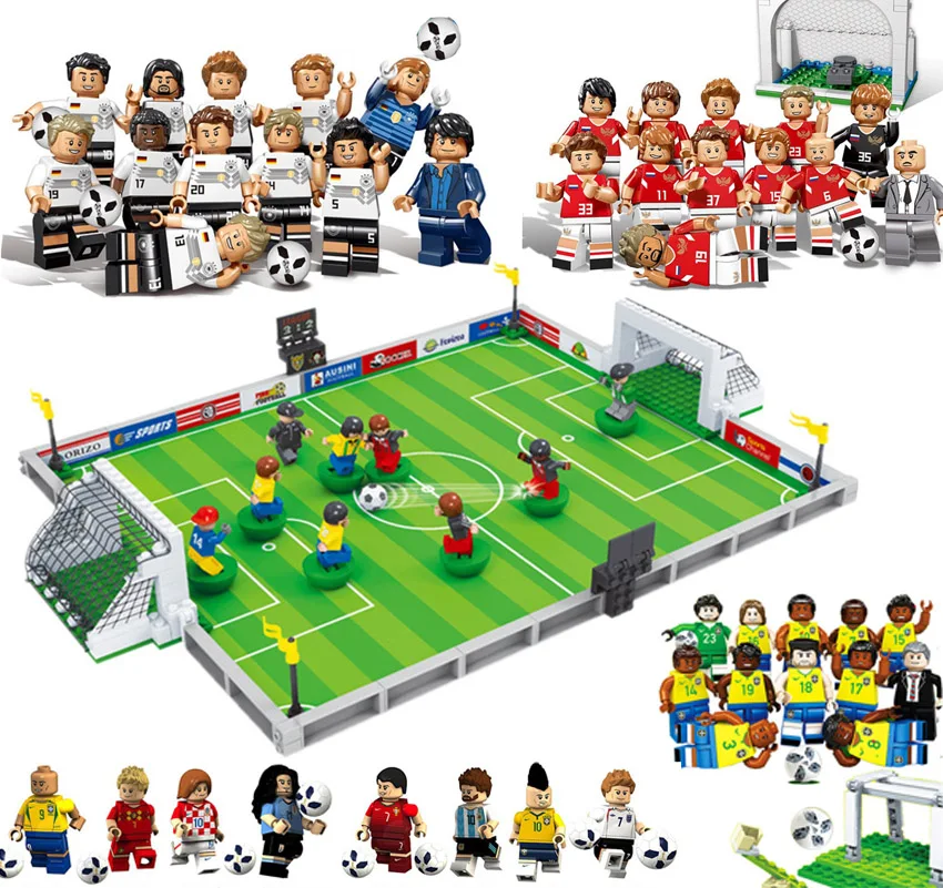 

New World Football Team Player Football Field Fit Soccer figures Ronaldo Messi Building Blocks Bricks Toy kids gift Cup