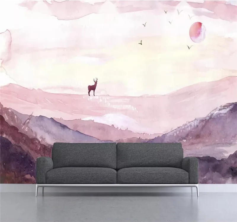 

Custom wallpaper hand-painted mountain peak elk chasing the sunset sunset TV background wall decoration waterproof material