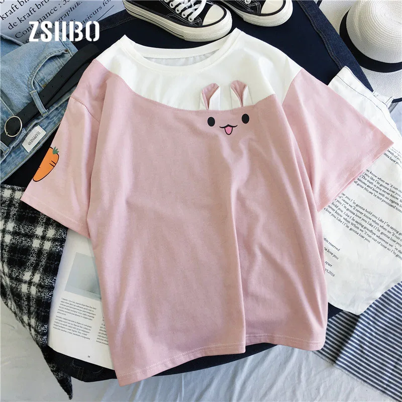 

New fashion large size loose cute Japanese summer female Harajuku rabbit short sleeve ulzzang fashion casual Cartoon T-shirt