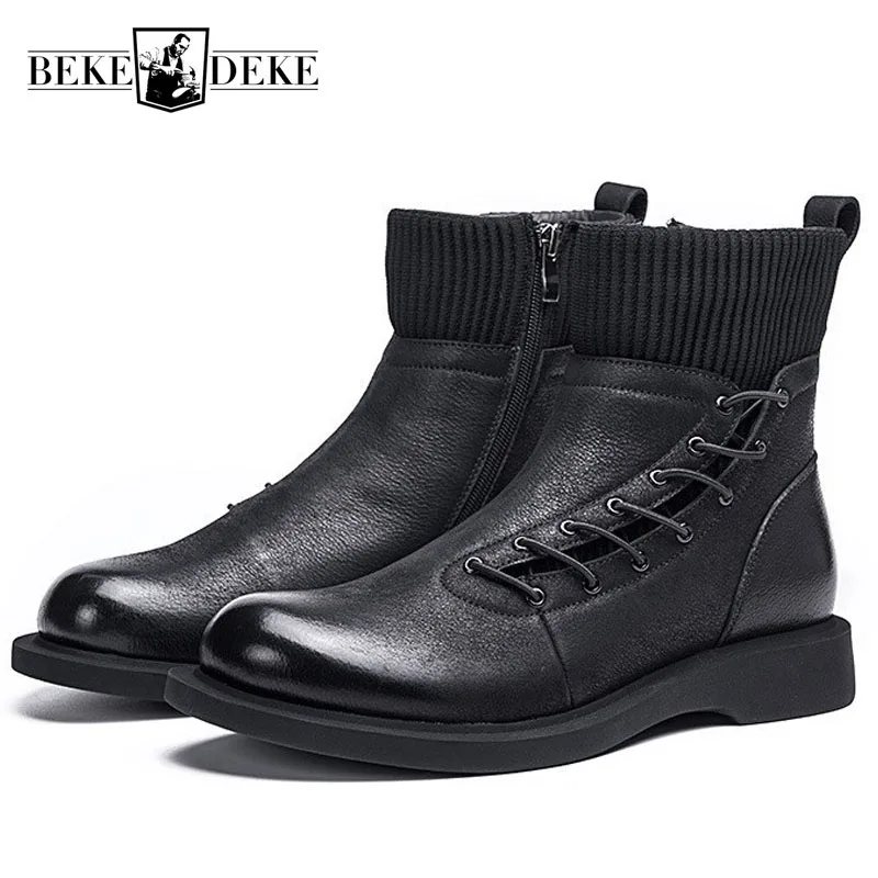 Brand New Fashion Men Cross Strap Socks Boots High Top Winter Snow Slip On Warm Fleece Lining Ankle Boots Genuine Leather Shoes Brand New Fashion Men Cross Strap Socks Boots High Top Winter Snow Slip On Warm Fleece Lining Ankle Boots Genuine Leather Shoes