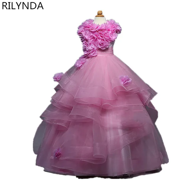 Best price at $114 Cheap Pink Flower Girl Dress Ball Gown Sleeveless Ankle Length Flowers Lace Up O-Neck First Communion Dresses for Girls 2016
