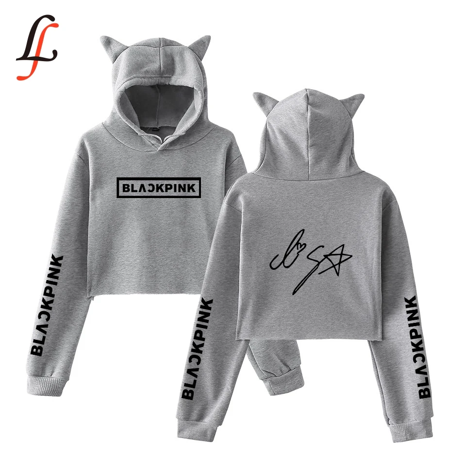 Blackpink harajuku Cat Ear Cap Hoodies fashion trend sala Cat Crop Top Women Hoodies Sweatshirt Sexy hot Kpop Clothes