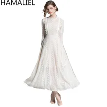 Hamaliel Vestidos Для женщин Кружево Макси платье 2018 весна взлетно-посадочной полосы Дизайнер Твердые Стенд воротник женский выдалбливают Вечерние Длинное Платье