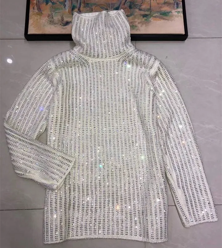 

Truien Winter 2020 Runway Design Luxury Bling Hot Drilling Turtleneck Knit Sweater Women Oversize Pullover Black White