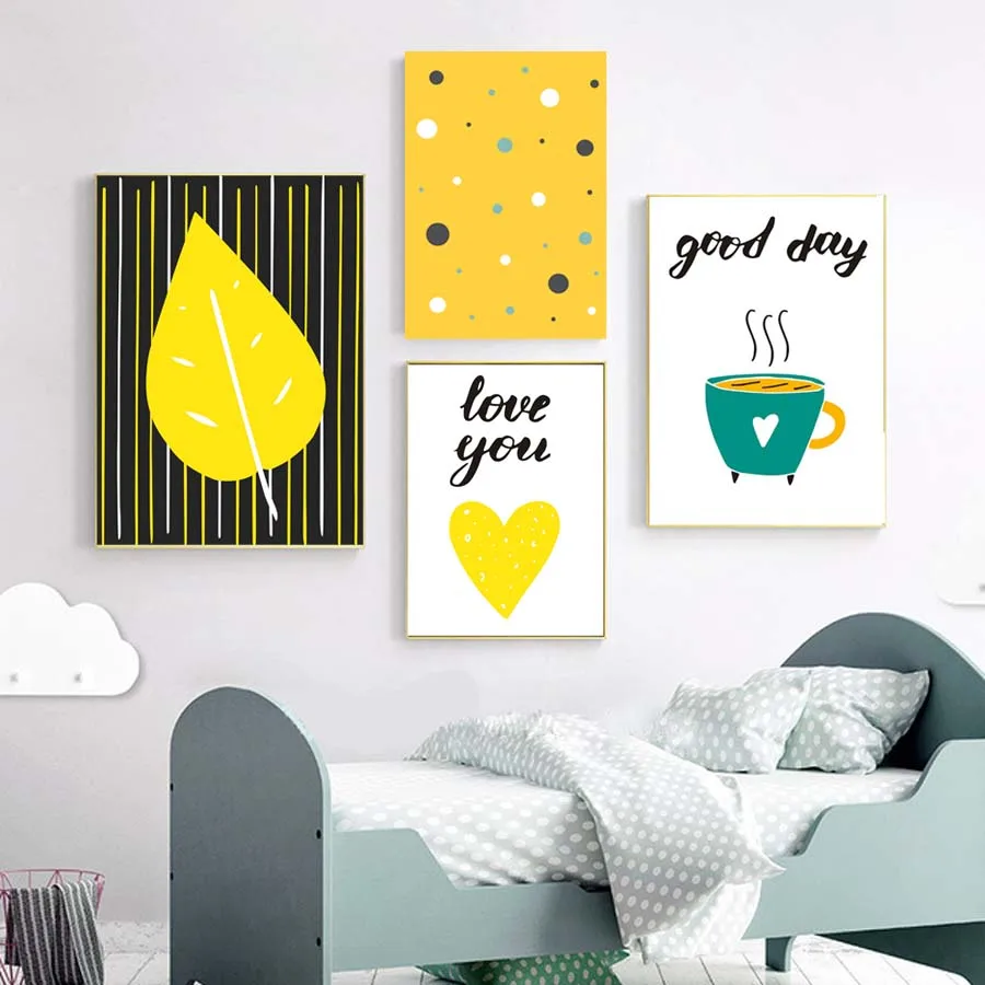 

Cartoon coffee good day wall poster and print HD canvas painting modern modular picture yellow murals art chart wall decor