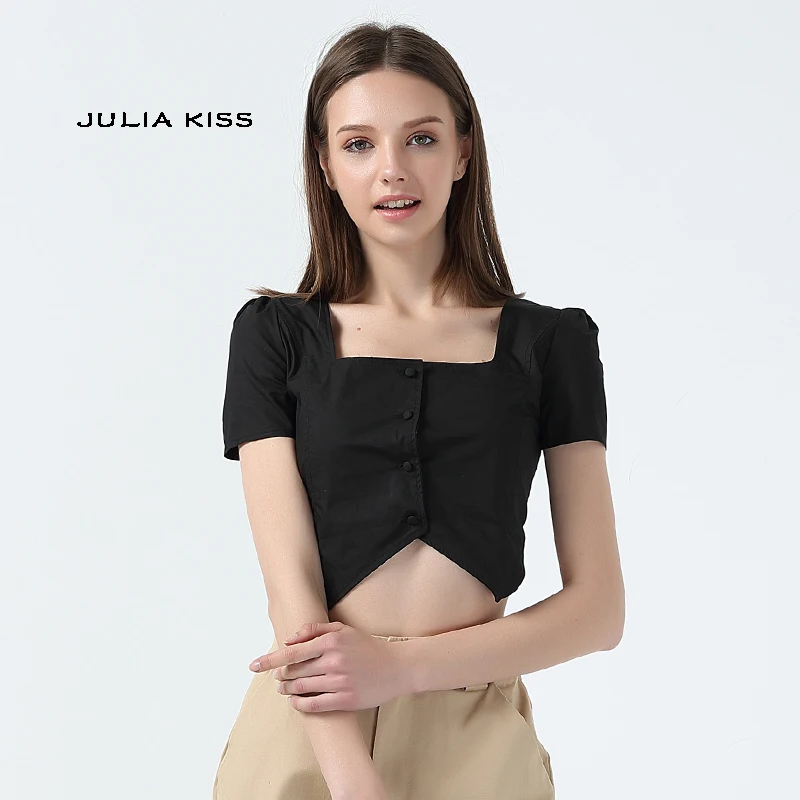 

Women Square Neck Botton Front Cotton Top With Short Sleeve