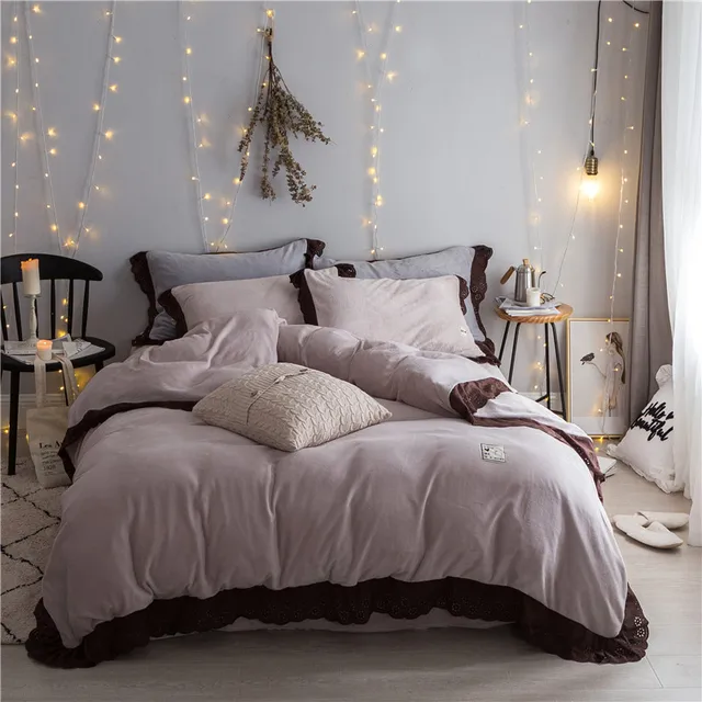 2017 New winter black lace bedding sets Fleece fabric bed linen duvet cover bed sheet pillow