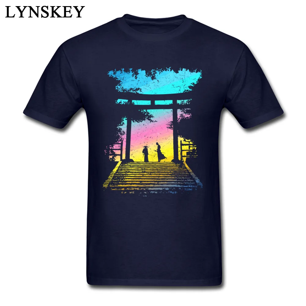 Men Tops Shirt Brand New Birthday T-Shirt 100% Cotton Round Neck Short Sleeve Normal Group Tee Shirt Top Quality Wholesale Two Samurai Ronin Ready to fight by Sunrise at the Torii gate navy