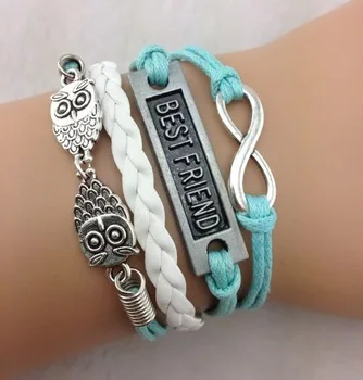 

1pcs Infinity bracelet - owl to owl bracelet,"best friend"antique silver,mint white bracelet for girls,,mother's 731