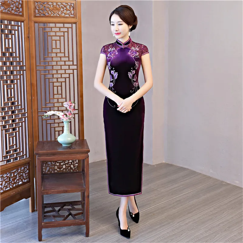 

Purple Women Velvet Lace Sexy Flower Qipao Elegant Chinese Style Wedding Dress Vintage Embroidery Slim Ankle-Length Cheongsam