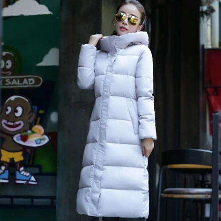 Европейская Последняя мода, Женское зимнее пальто, элегантное супер теплое пуховое пальто с капюшоном и принтом, однотонное длинное приталенное пальто больших размеров G2212 - Цвет: Light grey
