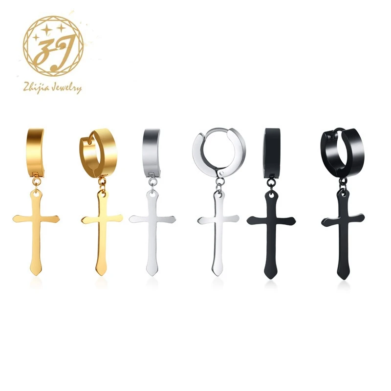 

Zhijia New Fashion Women/Men Studing Earrings Cross Shape Vintage Silver Gold black Color For Women Crosses Earring Pendientes