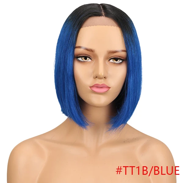 Rebecca короткий Боб Омбре волосы парики для женщин средняя часть бразильские прямые волосы Реми кружева спереди человеческие волосы парик 4 цвета выбор - Цвет волос: T1B/синий
