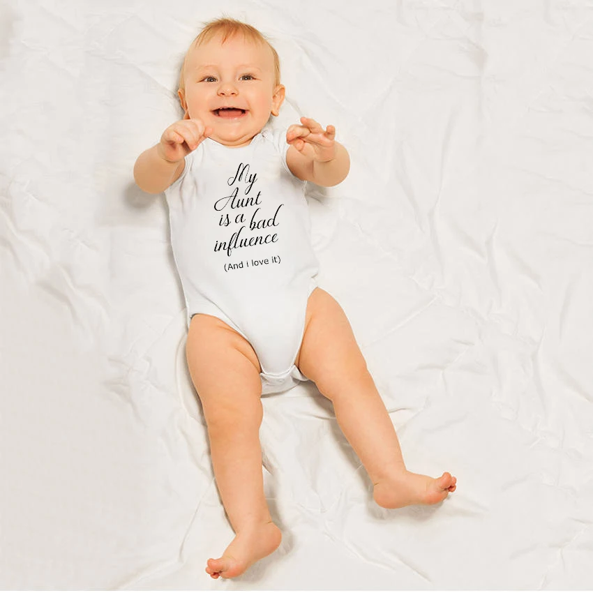 

2019 Baby Bodysuit My Aunt Is Bad Influence Letter Print White Onesie Short Sleeve Cotton One Piece Playsuit Clothes 0-24Months