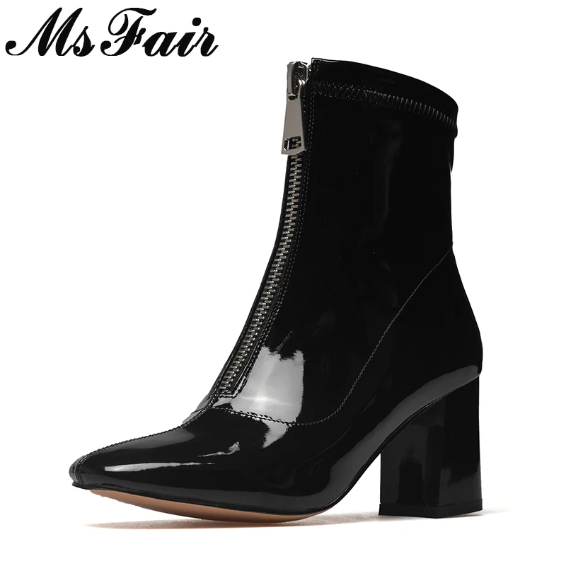 

MSFAIR SquareToe Square heel Women Boots Casual Fashion Metal Zipper High Heel Ankle Boot 2018 Winter Short Plush Boots Women