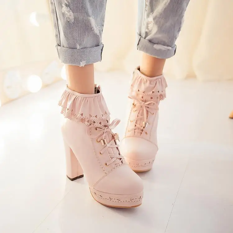 

US4-11 Womens Platform Lace Lolita Ankle Boots Bowtie Lace Up Block High Heel Mary Janes Side Zip Shoes Plus Size 6Colors A674