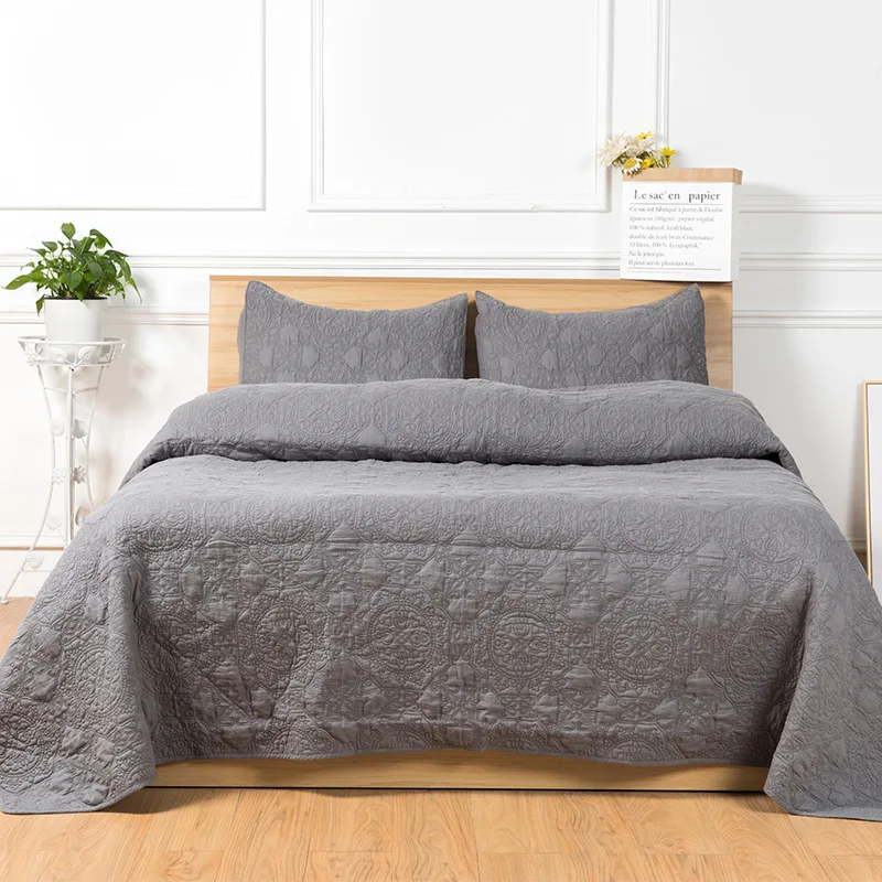 

CHAUSUB Cotton Bedspread Quilt Set 3pcs Grey Quality Embroidered Quilts Pillowcase King Queen Size Quilted Bedding Coverlets