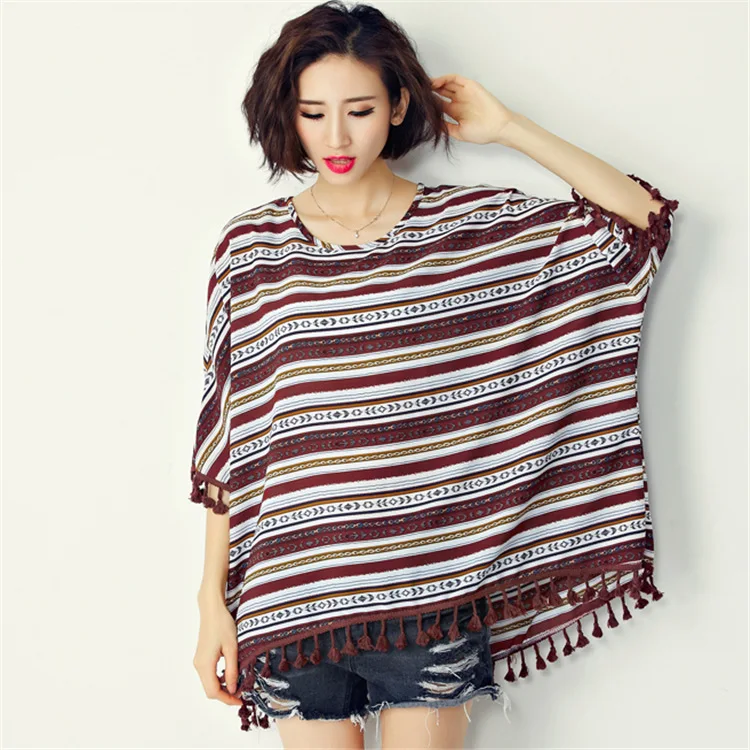 Big Size T Shirt Women's Cotton Striped Print Batwing Sleeve Fashion Large Size Tops Summer 