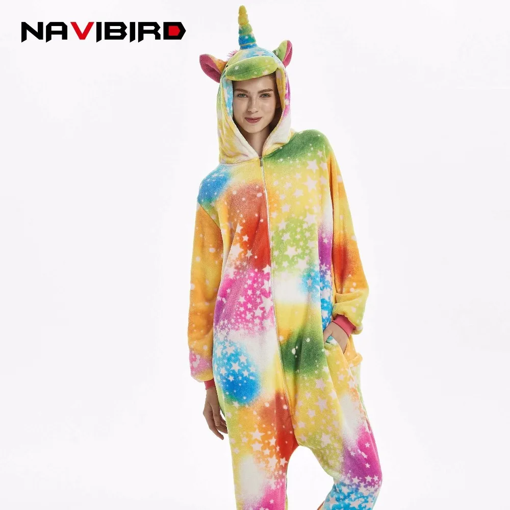 2018 зима Радуга звезды Единорог Onesie для взрослых женщин мультфильм кигуруми