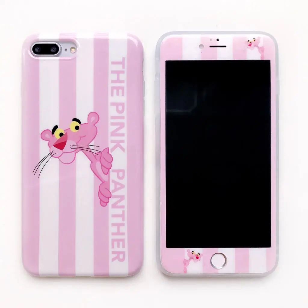 

Stitch Totoro Doraemon Pink Panther Monsters Pattern Tempered Glass For iphone 7 8 Plus Screen Protector+Soft Phone Case