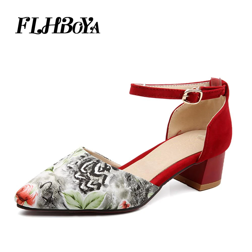 

FLHBOYA Women Fashion Pumps Flower Middle Heeled Summer Shoes Ankle Strap Thick with High Heels pointed Toe Red Casual Sandals