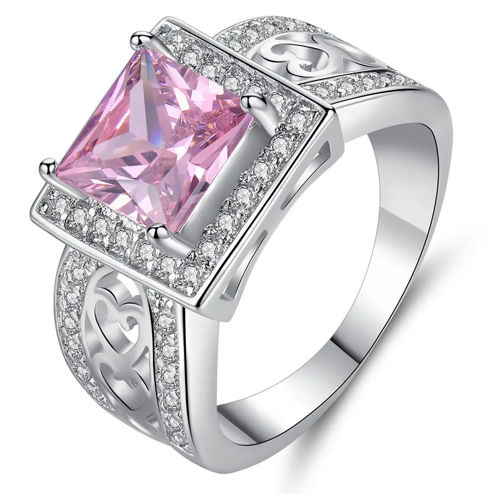 Beiver Новые поступления квадратные Розовые циркониевые кольца для женщин Роскошные белого золота цвет обручальные кольца ювелирные изделия Дамы подарки