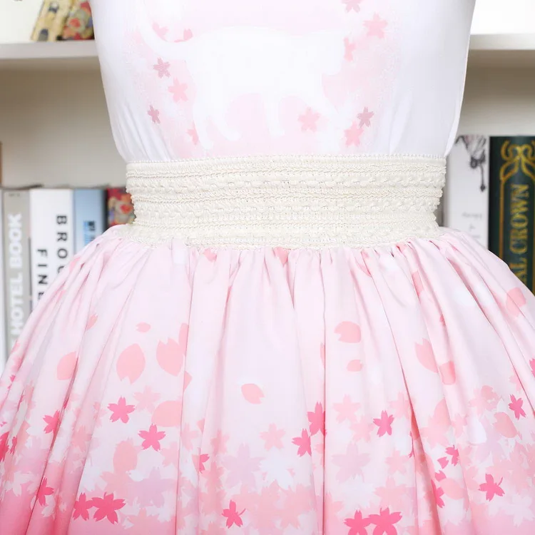 Pink Bunny Cherry Blossoms Print Lolita Skirt Soft Sister Cartoon Rabbit Pleated Princess Lace Romantic Girl Skirts for Women