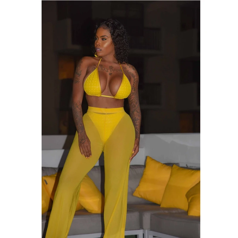 

Women See Through Boho Wide Leg High Waist Pants Trousers Beach Long Mesh Sheer Pants Bikini Cover Up Summer