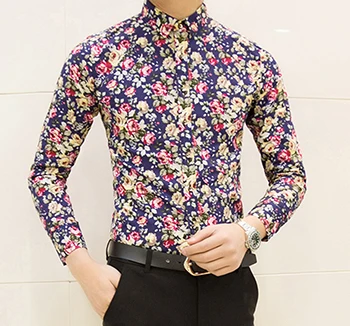 HCXY новая мода весенние мужские рубашки с цветочным принтом повседневные Дизайнерские мужские рубашки с цветочным принтом для мужчин camisas masculinas social рубашка для мужчин - Цвет: navy blue