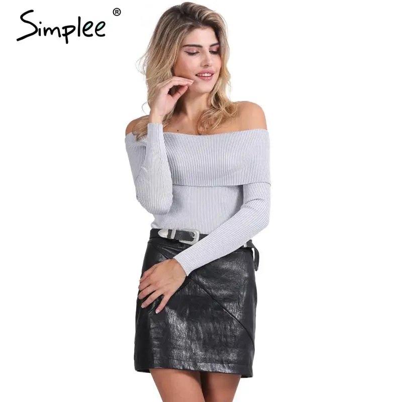 Simplee off shoulder elastic winter sweater women Short gray lapel pullover sexy white jumpers Autumn bodycon basic knitwear top