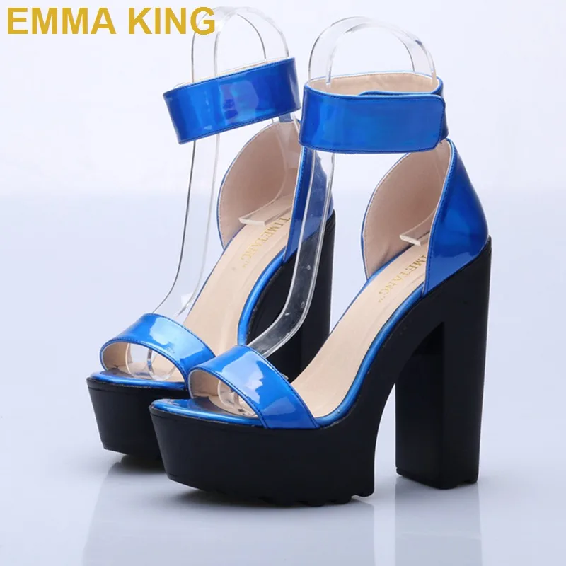 

EMMA KING 2019 Brand New Hot PU Leather Sexy Peep Toe Ankle Strap Chunky High Heel Platform Women Summer Shoes Sandals 35-43