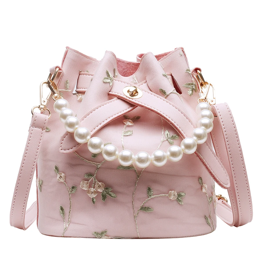 

Women Bucket Bag Women Lace Embroidery Shoulder Bags Brand Designer Ladies Portable Pearl Handbag Casual Shoulder Messenger Bag