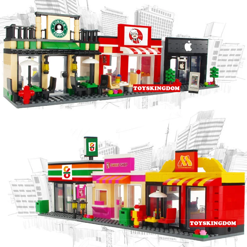 

City mini street view building block Apple 711 Convenience store Star coffee sweet shop McDonalds chicken Restaurant bricks toys