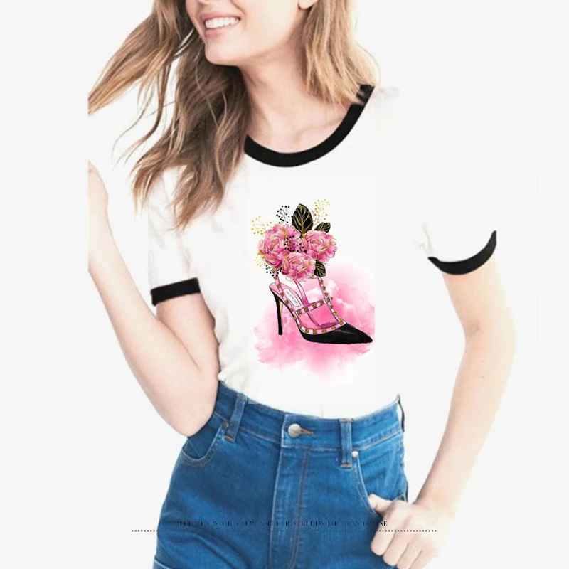 Pink Floral high heel printed t shirt women vogue elegant shoes design tshirt female o neck t