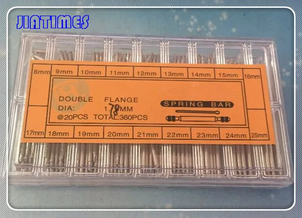 

Free Shipping 1 Set 360pcs Diameter 1.78mm Stainless Steel Double Flange Spring Bar from 8mm to 25mm Assorted