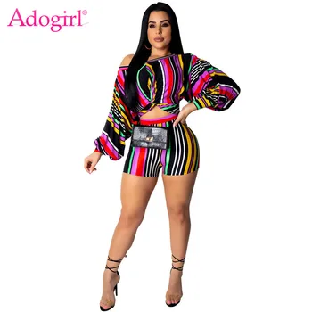 

Adogirl Colorful Stripe Women Casual Two Piece Set Off Shoulder Long Lantern Sleeve Twist Crop Top + Shorts Fashion Outfits