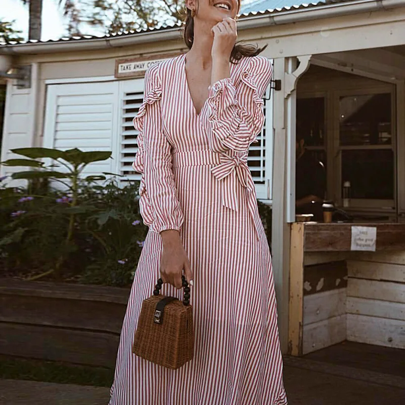 

Striped Red Summer Boho Maxi Woman Dress Midi V Neck Long Sleeve Vintage Beach Dresses Asymmetrical Ruffles Party Vestido
