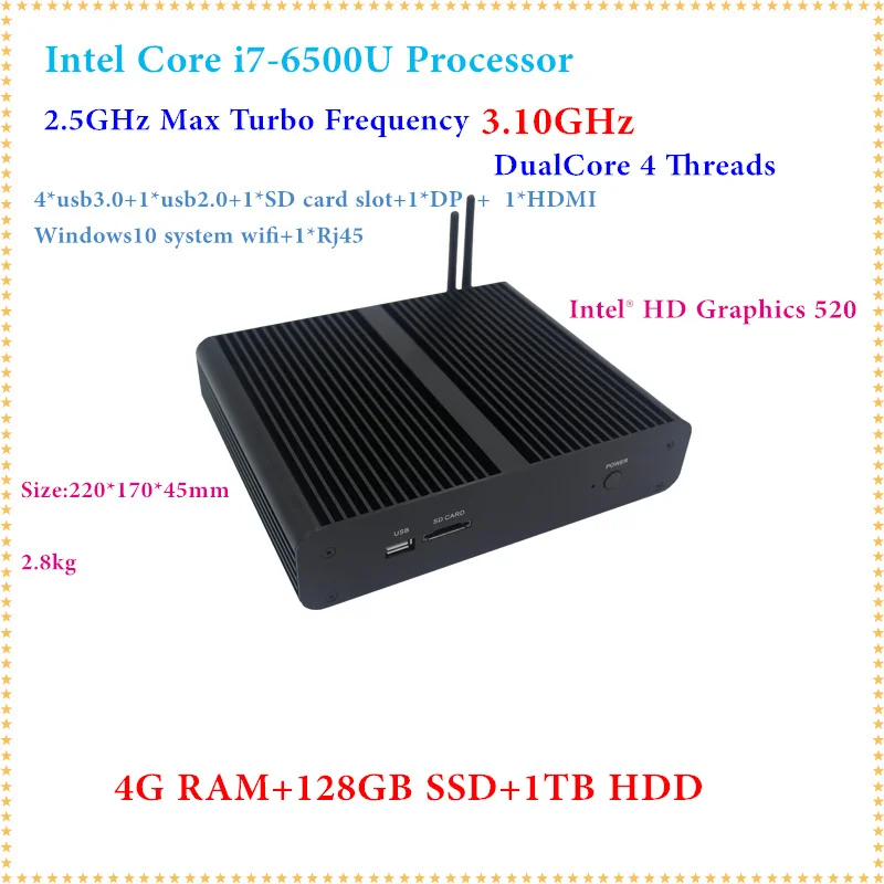 6th Gen. i7 6500U CPU Fanless Mini PC i7 SKYLAKE Nettop HTPC 4GB RAM 128GB SSD 1T HDD Blu-ray Micro PC Small Size Mini Computers
