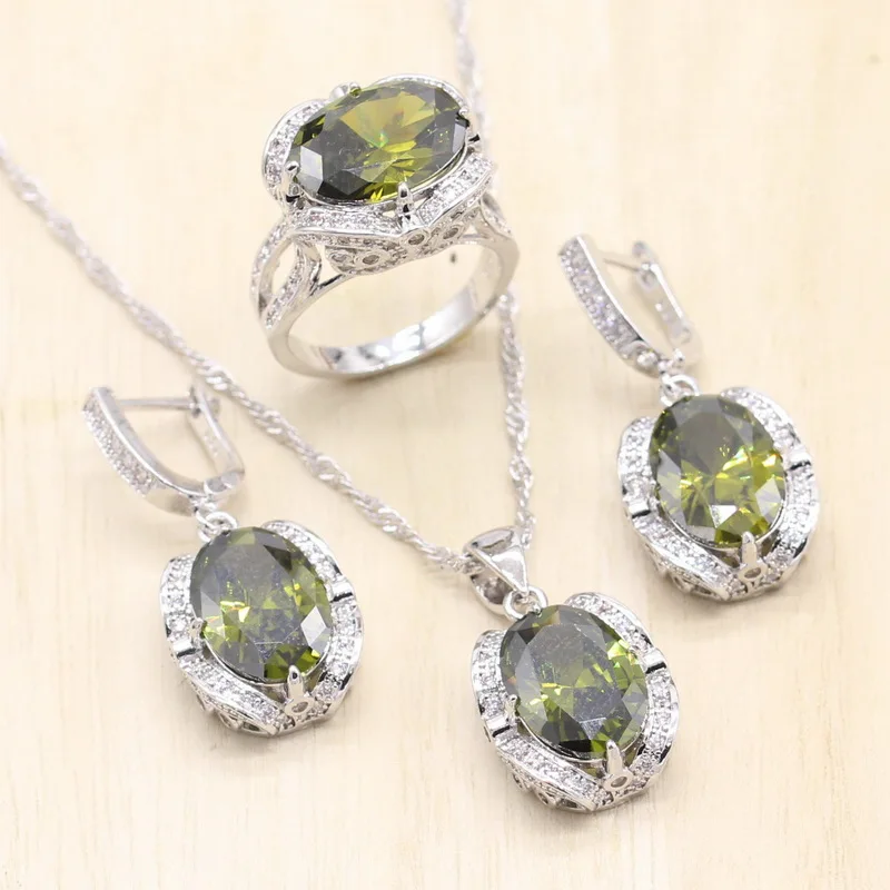 

New Exquisite 925 Sterling Silver Jewelry Sets Women Blue Red Olive Green Crystal Earrings Pendant Necklace Ring Sets For Gift