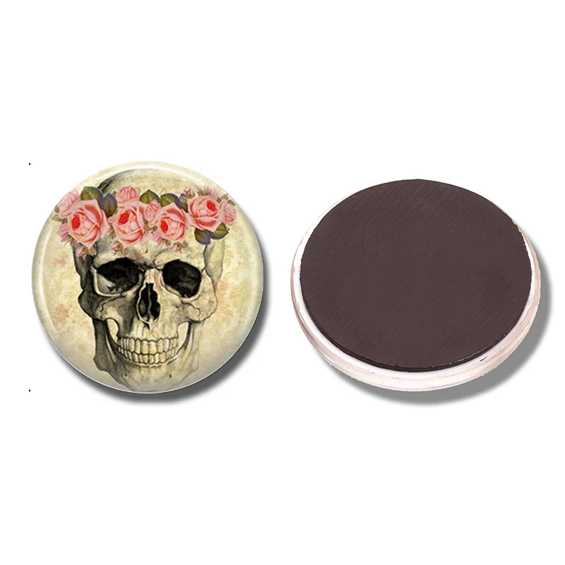 

1PC Skull with Flowers 30MM Fridge Magnet Steampunk Anatomy Glass Cabochon Magnetic Refrigerator Stickers Note Holder Home Decor