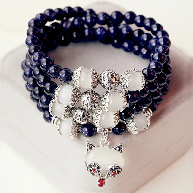 

Fashion Korean Crystal Bead Bracelets for Women Four Layer Natural blue sand stones beads bracelets fox pendant handmade