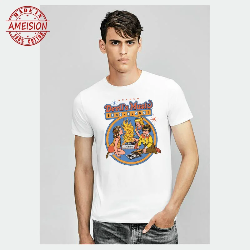 

2019 Funny Style Satan Devil Printed Men Vintage White T shirts Summer Short Sleeved Modal Tops Tees Harajuku T shirt Men Brand