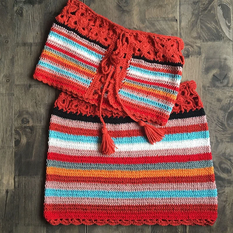 Iasky pçsset artesanal colorido listrado crochê bikini