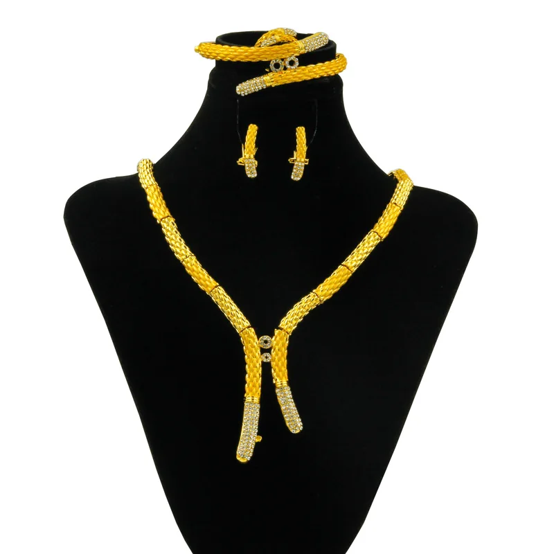

Liffly New African Fashion 24 Gold Long Crystal Necklace Earrings Jewelry Accessories Fashion Dubai Nigerian Bride Jewelry Set